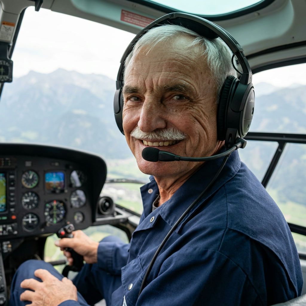 Hans-Peter Caviezel mit Headset im Helikoptercockpit.